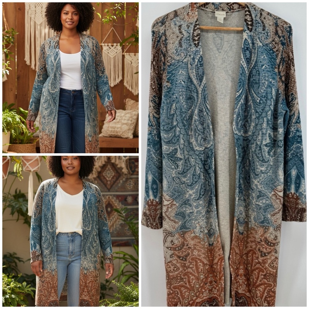 Chicos Size 2 Large 12 Open Front Drape Cardigan Sweater Paisley Blue orange
